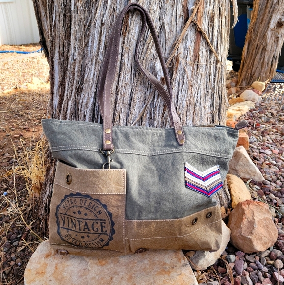 Myra Bag Handbags - Myra Canvas Leather Detail Tote Bag